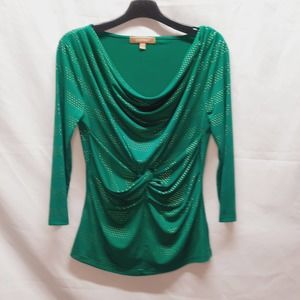 Ellen Tracy Y2K Green Gold dots twist front ruched drape neck 3/4 sleeves top XS